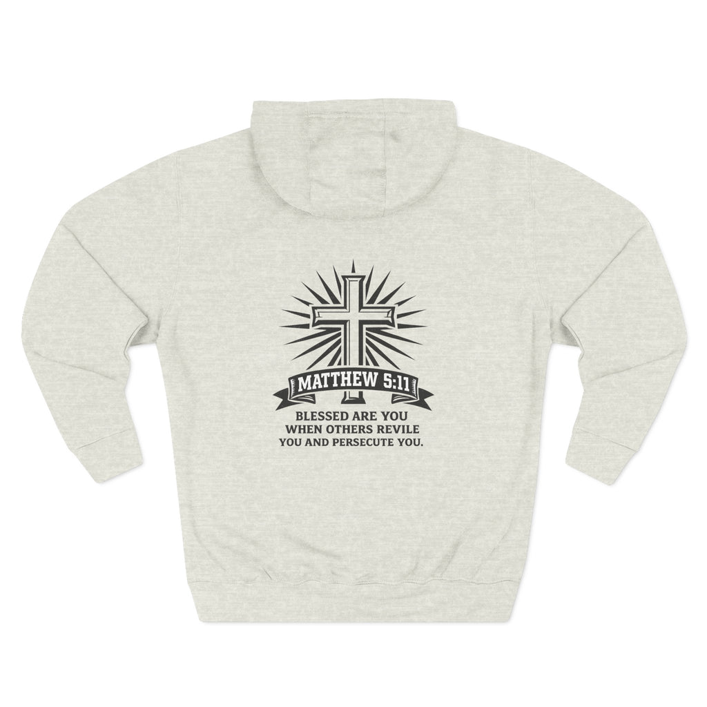 Matthew 5:11 Cross Hoodie — Christian Faith Pullover with Scripture Back Print